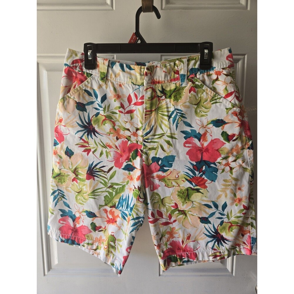 Caribbean Joe Women’s Shorts Size 8  Tropical Floral White Blue Casual Pockets